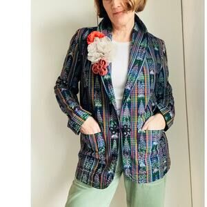 Vintage Ethnic Printed Blazer Multi Colors Cotton Pockets Dopamine Fun Size Med